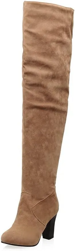 KOKOMOMO Womens Faux Suede Thigh High Heeled Round Toe Chunky Over The Knee Boots