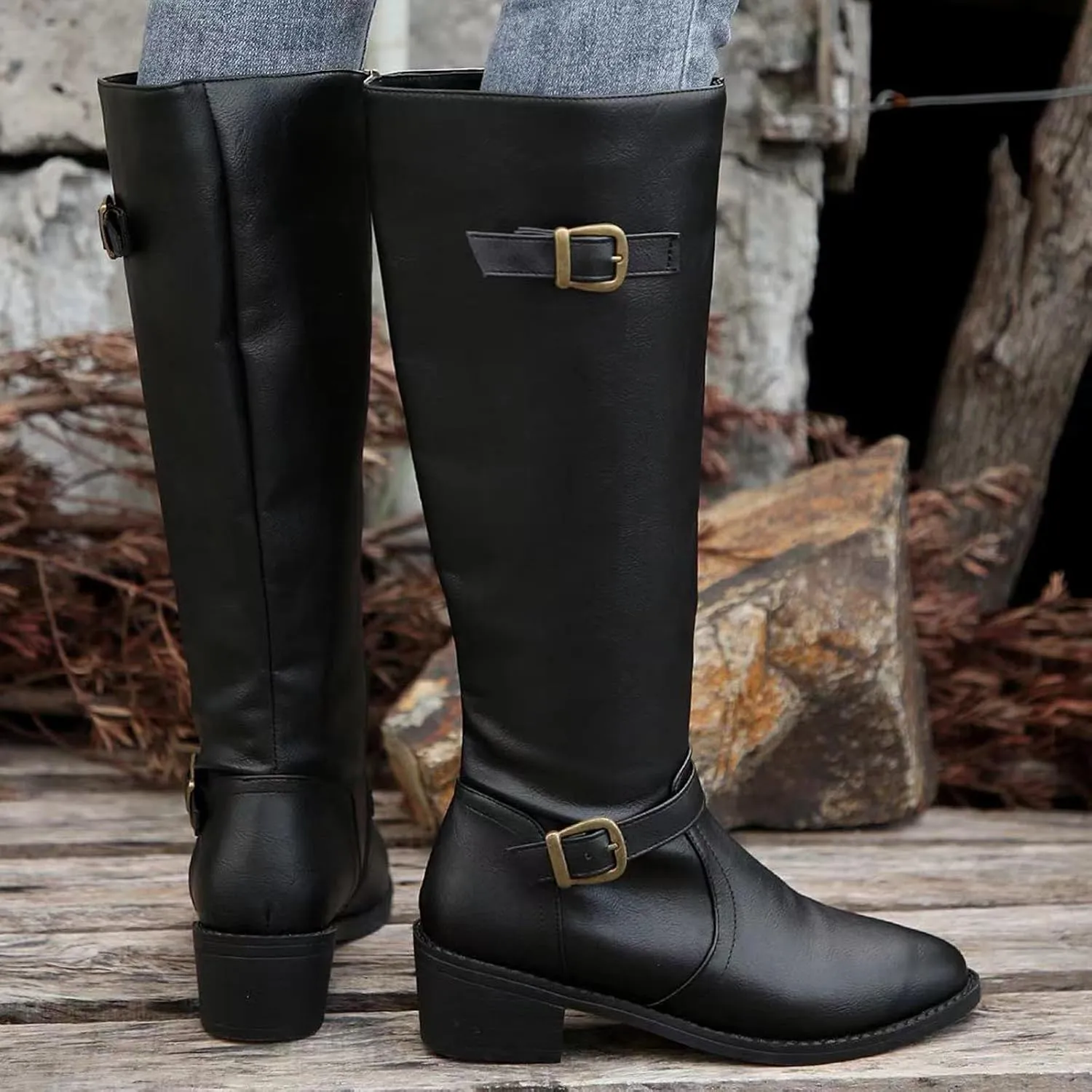 Ladies British Style Leather Belt Buckle Decorative Side Zipper Dashion Long Tube Knee Boots Snow Boots