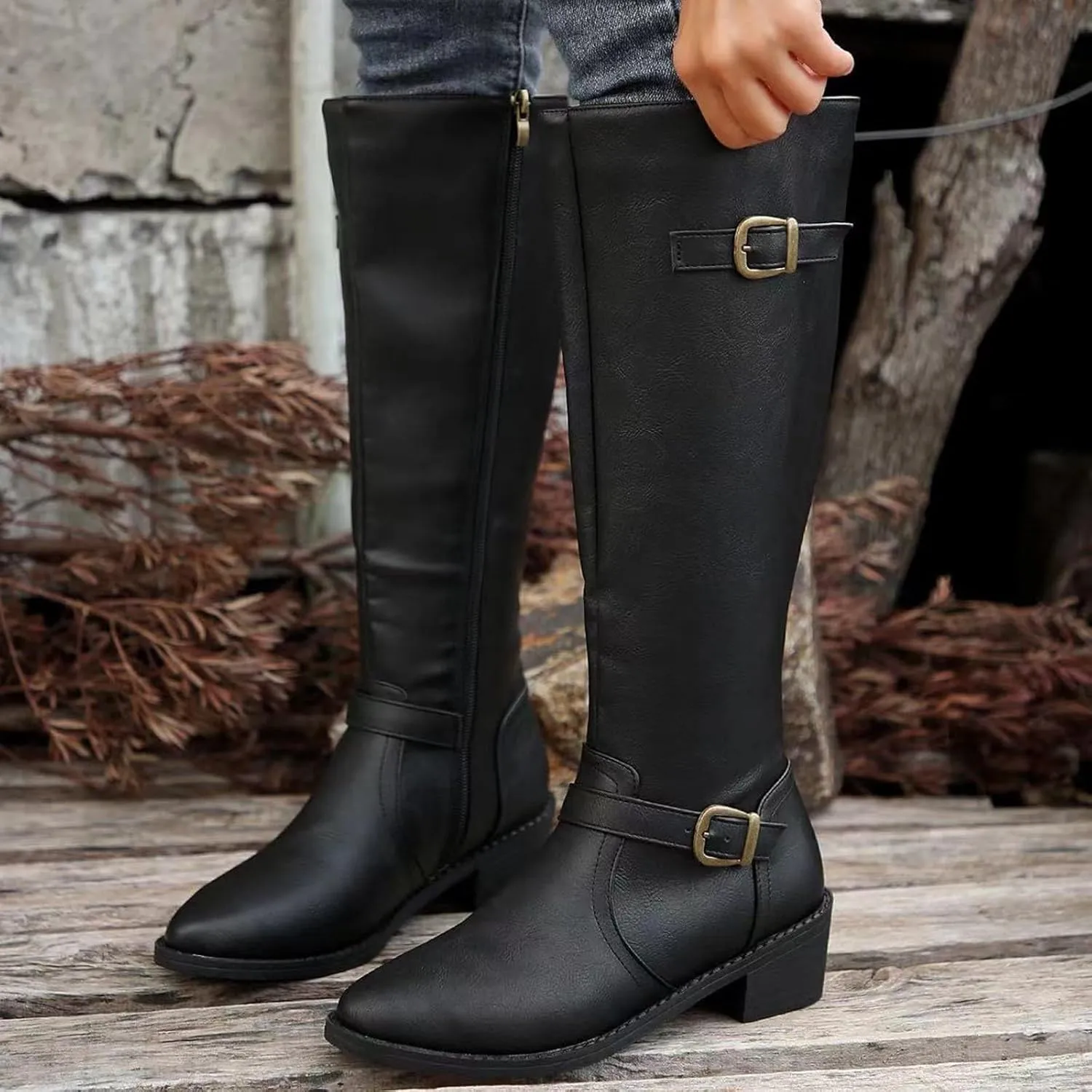 Ladies British Style Leather Belt Buckle Decorative Side Zipper Dashion Long Tube Knee Boots Snow Boots
