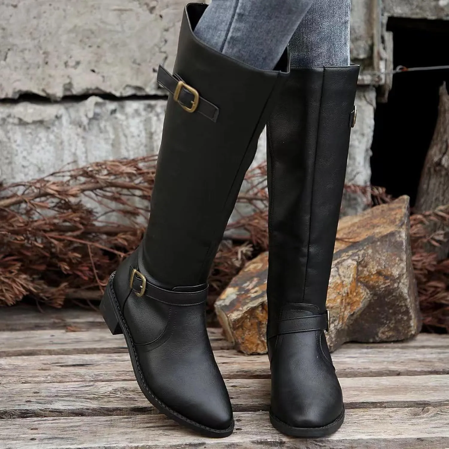 Ladies British Style Leather Belt Buckle Decorative Side Zipper Dashion Long Tube Knee Boots Snow Boots