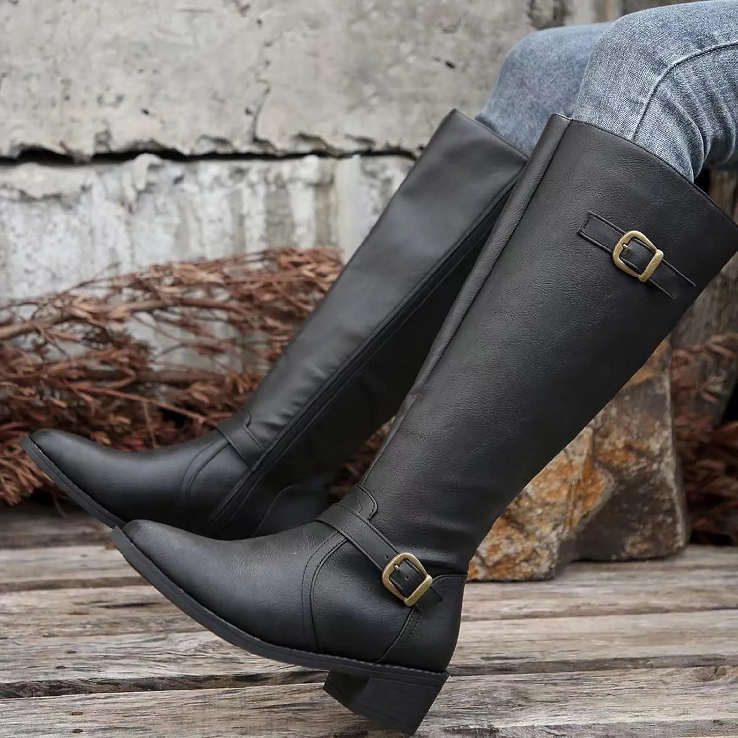 Ladies British Style Leather Belt Buckle Decorative Side Zipper Dashion Long Tube Knee Boots Snow Boots