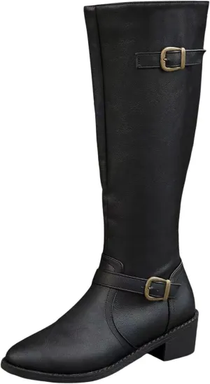 Ladies British Style Leather Belt Buckle Decorative Side Zipper Dashion Long Tube Knee Boots Snow Boots