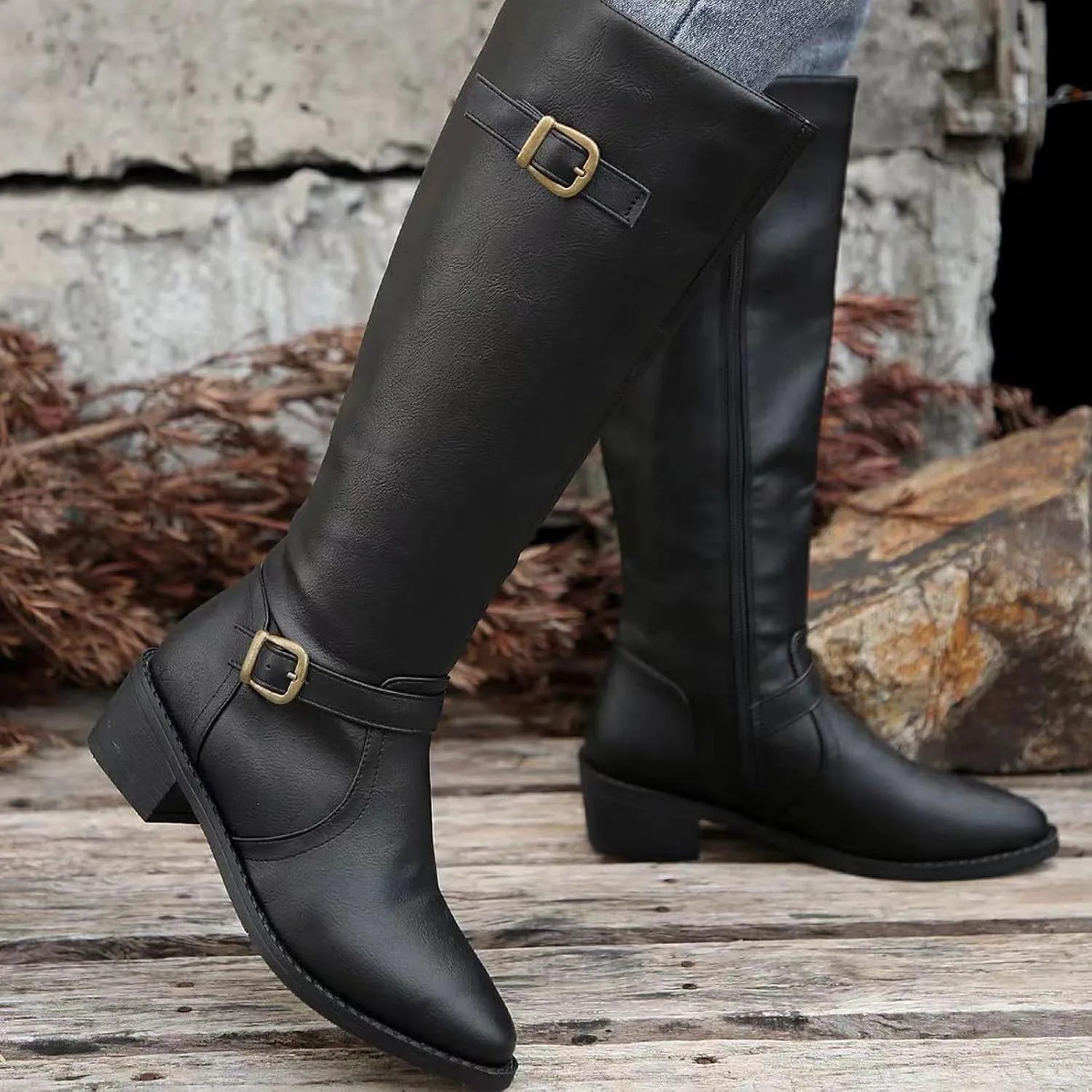 Ladies British Style Leather Belt Buckle Decorative Side Zipper Dashion Long Tube Knee Boots Snow Boots