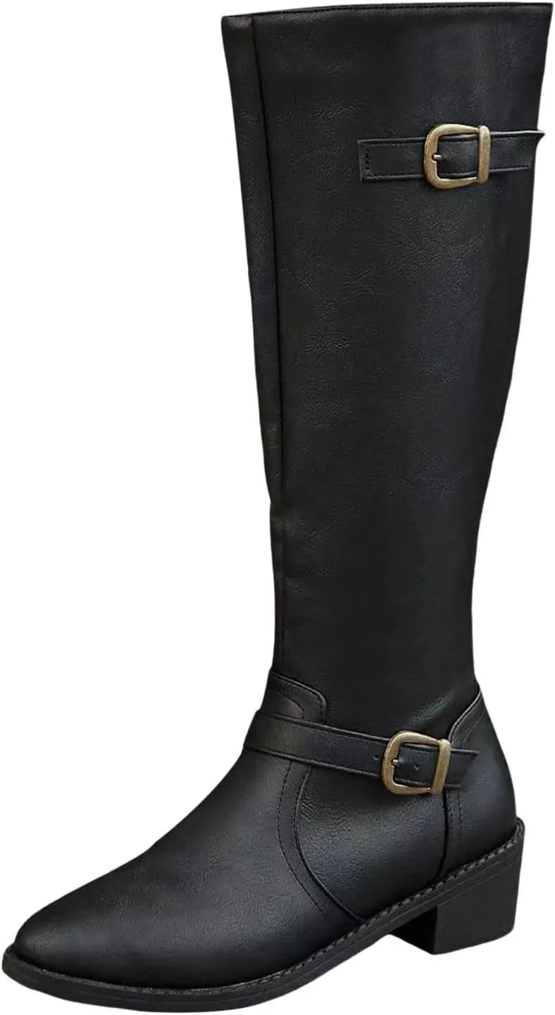 Ladies British Style Leather Belt Buckle Decorative Side Zipper Dashion Long Tube Knee Boots Snow Boots