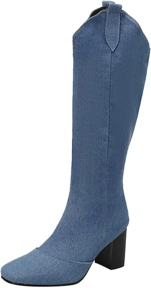 Ladies Cowboy Fashion Vintage Boots Pointed Toe Low Heel Side Zipper Knee Boots Knee High Boots 12w Women Wide Calf (Blue, 6.5)