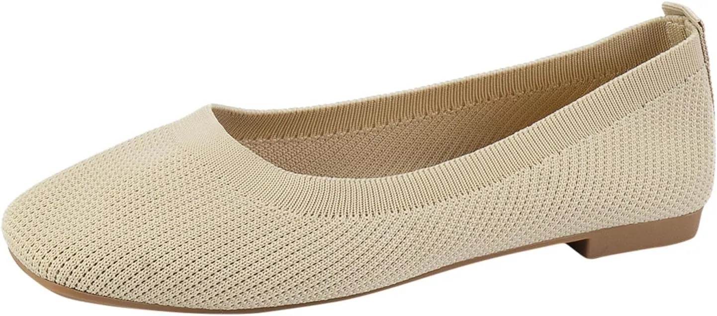 Ladies Fashion Solid Color Breathable Mesh Knitted Square Head Flat Bottom Casual Comfortable Dress Shoes for Women