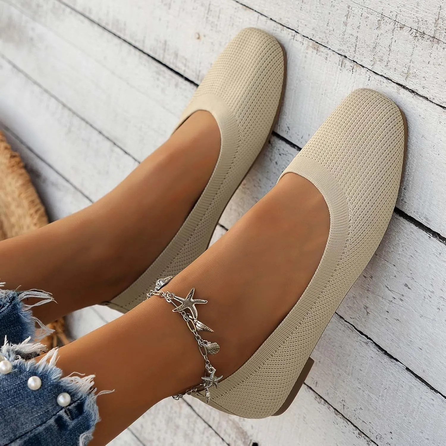 Ladies Fashion Solid Color Breathable Mesh Knitted Square Head Flat Bottom Casual Comfortable Dress Shoes for Women