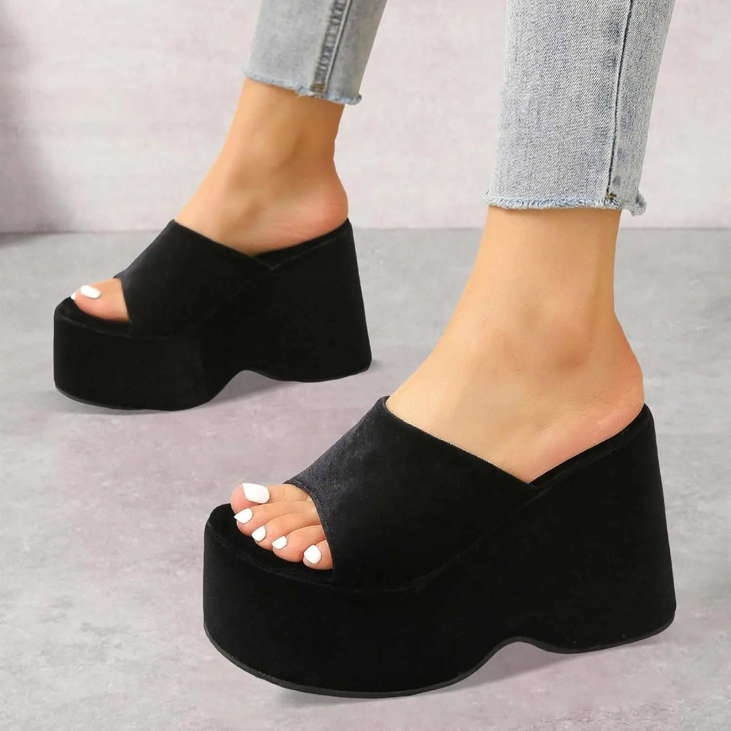 Ladies Fashion Solid Color Leather Open Toe Square Head Flat Casual Slipper Fuzzy Bedroom Slippers Women with Heels