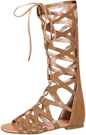 Ladies PU Leather Knee High ladiator Flat Women Dressy Strappy Lace Up Rome Bohemia Sexy Zipper Open Toe Sandals