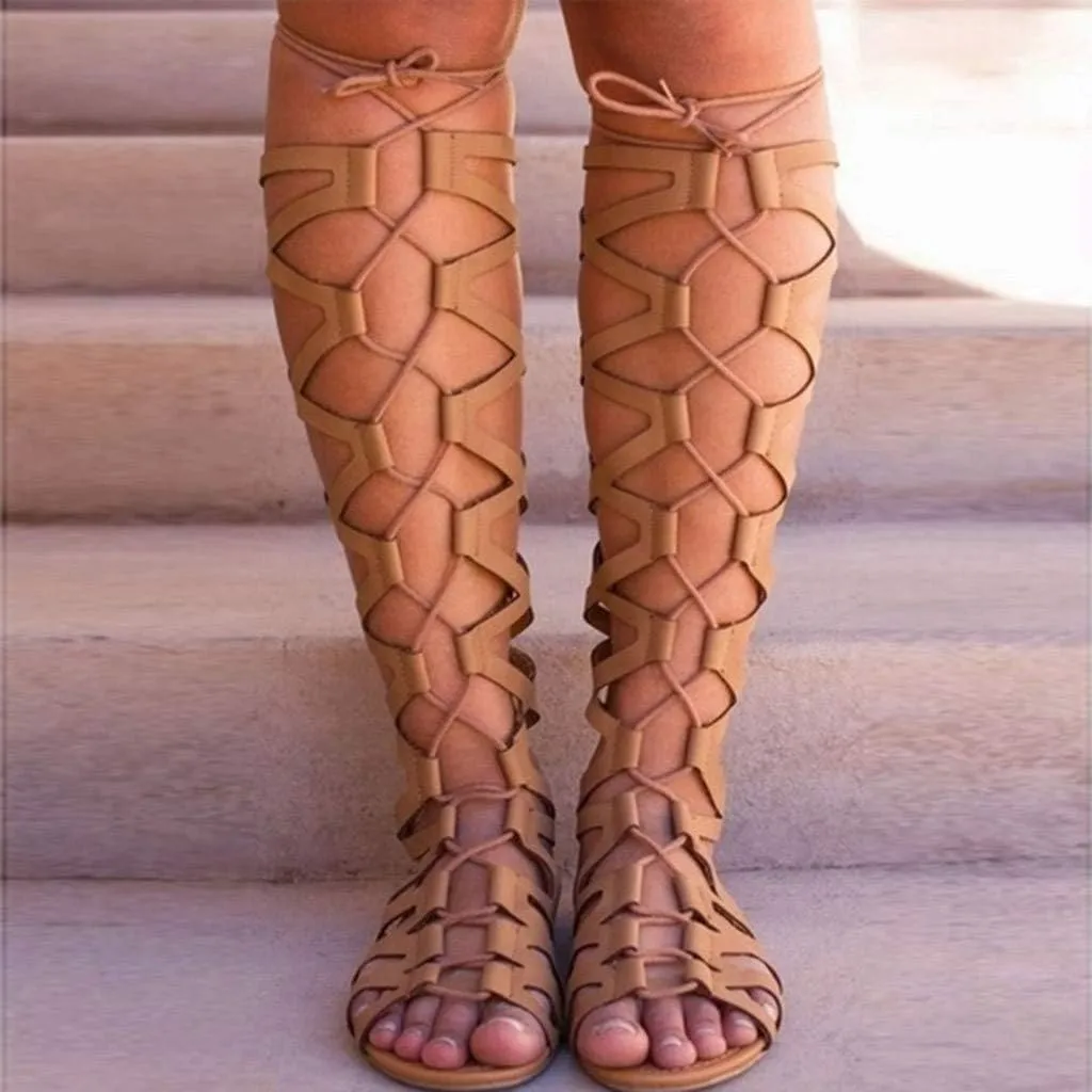 Ladies PU Leather Knee High ladiator Flat Women Dressy Strappy Lace Up Rome Bohemia Sexy Zipper Open Toe Sandals