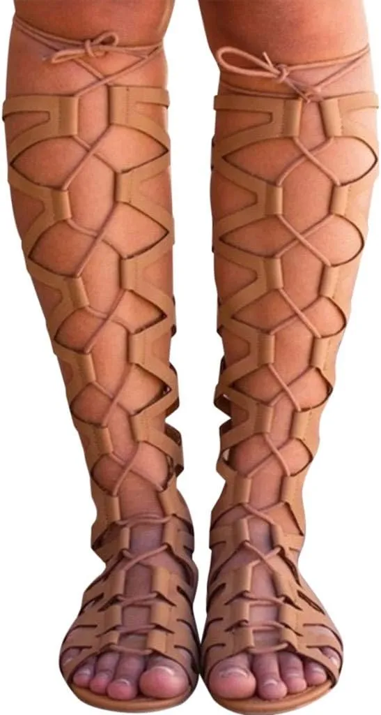 Ladies PU Leather Knee High ladiator Flat Women Dressy Strappy Lace Up Rome Bohemia Sexy Zipper Open Toe Sandals