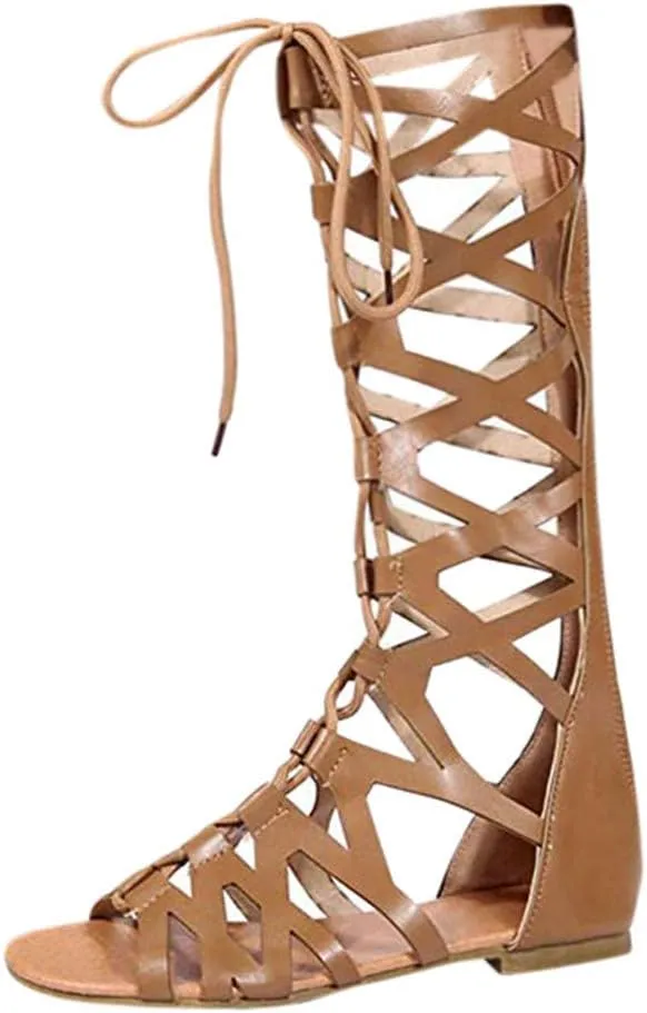Ladies PU Leather Knee High ladiator Flat Women Dressy Strappy Lace Up Rome Bohemia Sexy Zipper Open Toe Sandals