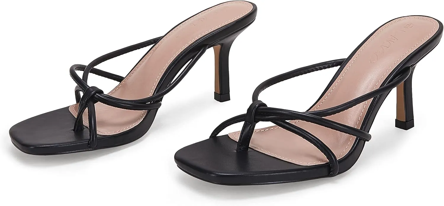LAICIGO Womens Square Open Toe Flip Flops Stiletto Heels Strappy Thong Slide on Slingback Mules Sandals