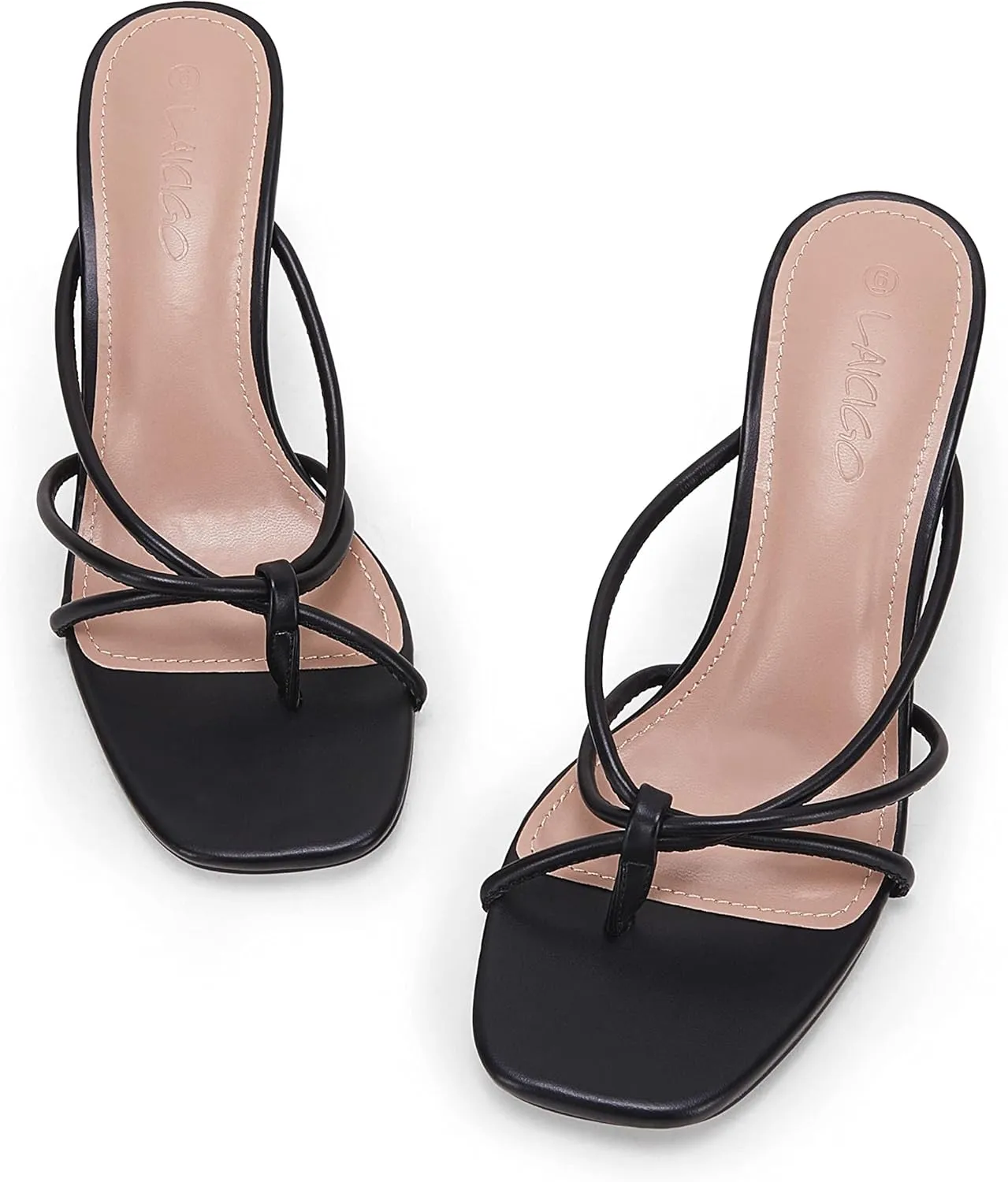 LAICIGO Womens Square Open Toe Flip Flops Stiletto Heels Strappy Thong Slide on Slingback Mules Sandals
