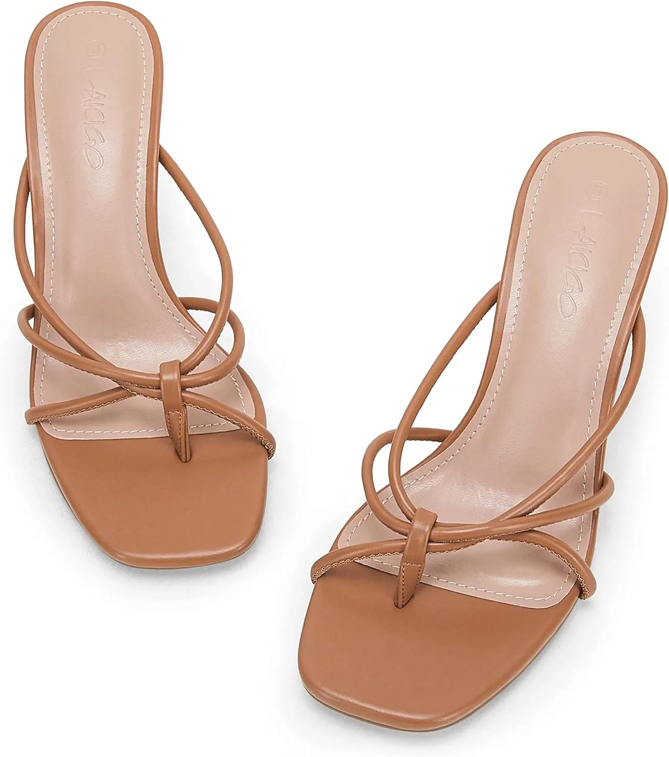 LAICIGO Womens Square Open Toe Flip Flops Stiletto Heels Strappy Thong Slide on Slingback Mules Sandals
