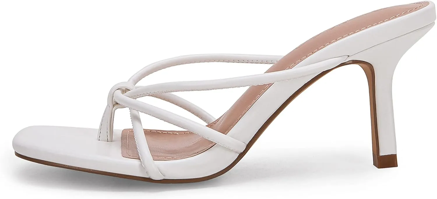 LAICIGO Womens Square Open Toe Flip Flops Stiletto Heels Strappy Thong Slide on Slingback Mules Sandals