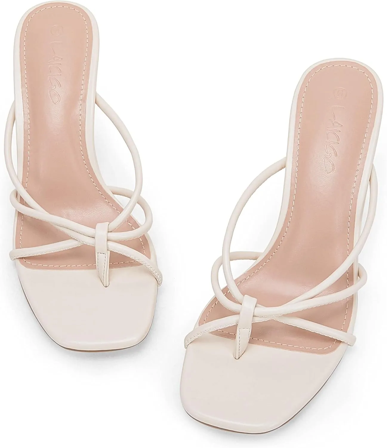 LAICIGO Womens Square Open Toe Flip Flops Stiletto Heels Strappy Thong Slide on Slingback Mules Sandals