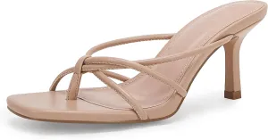 LAICIGO Womens Square Open Toe Flip Flops Stiletto Heels Strappy Thong Slide on Slingback Mules Sandals