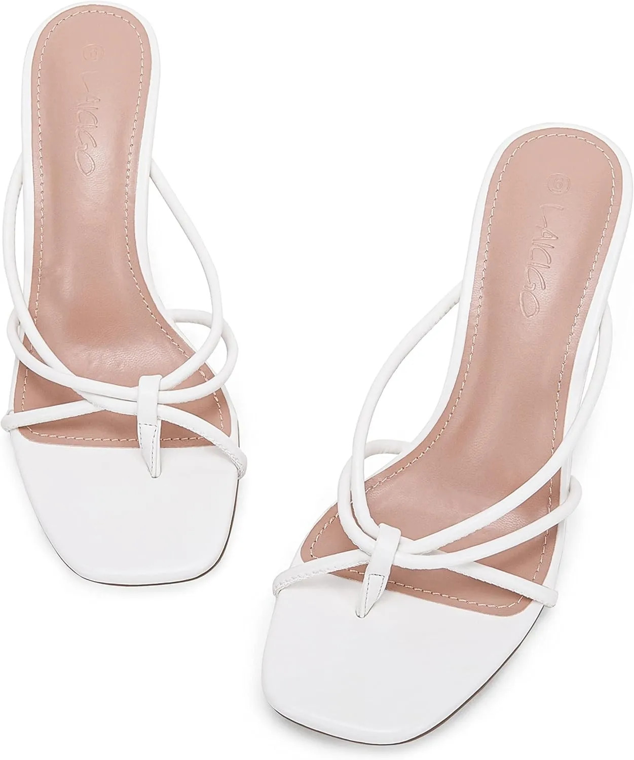 LAICIGO Womens Square Open Toe Flip Flops Stiletto Heels Strappy Thong Slide on Slingback Mules Sandals