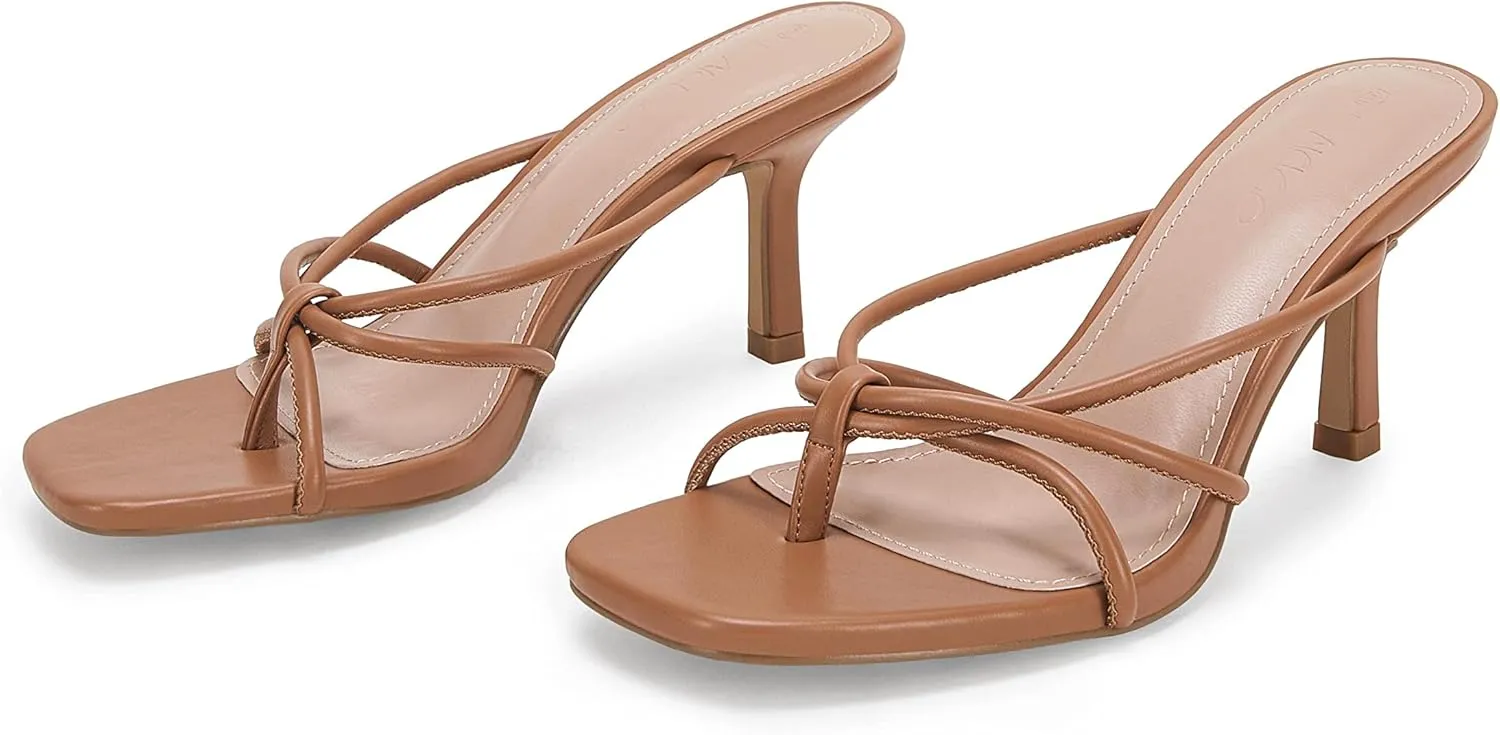LAICIGO Womens Square Open Toe Flip Flops Stiletto Heels Strappy Thong Slide on Slingback Mules Sandals