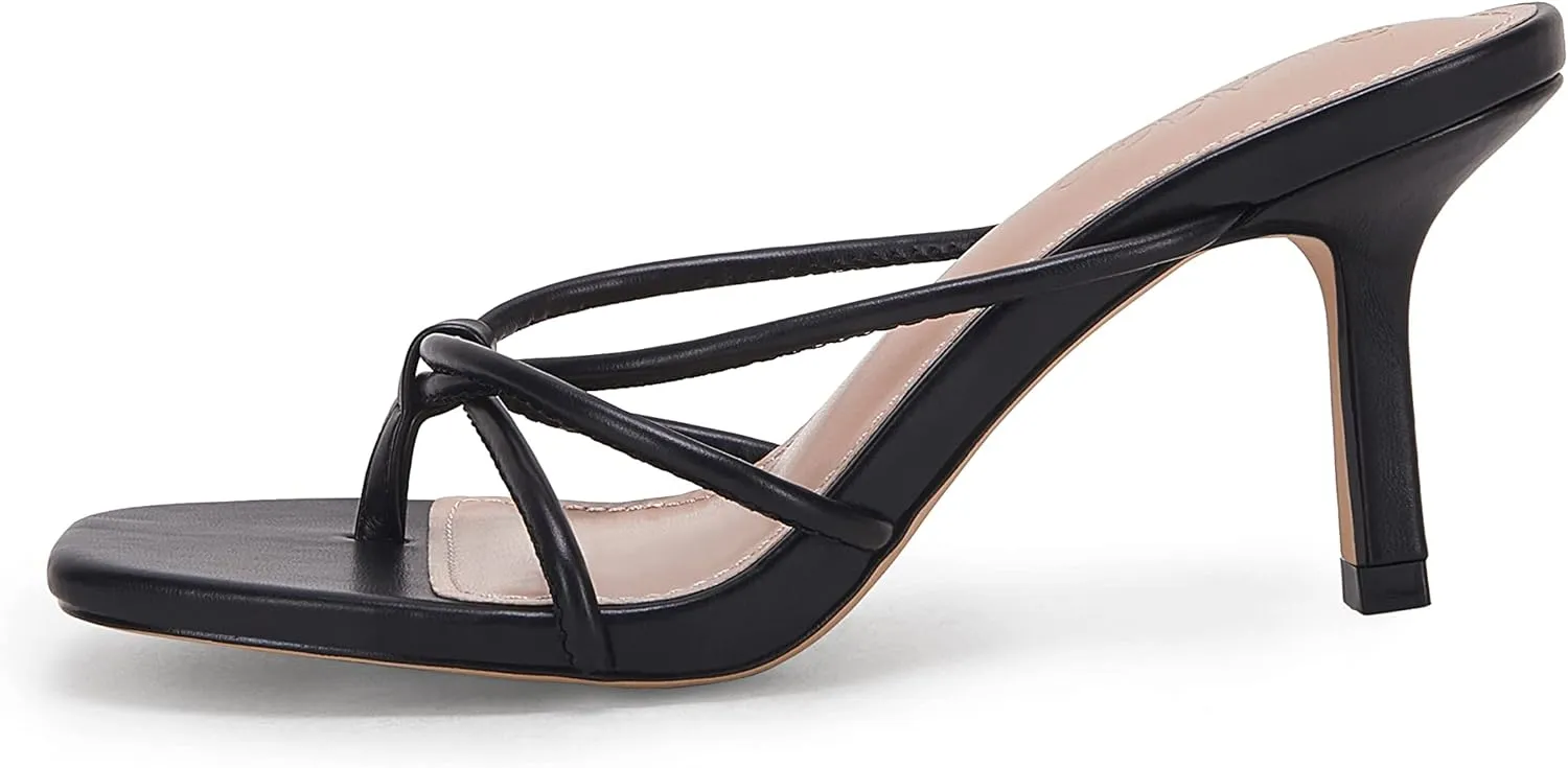 LAICIGO Womens Square Open Toe Flip Flops Stiletto Heels Strappy Thong Slide on Slingback Mules Sandals