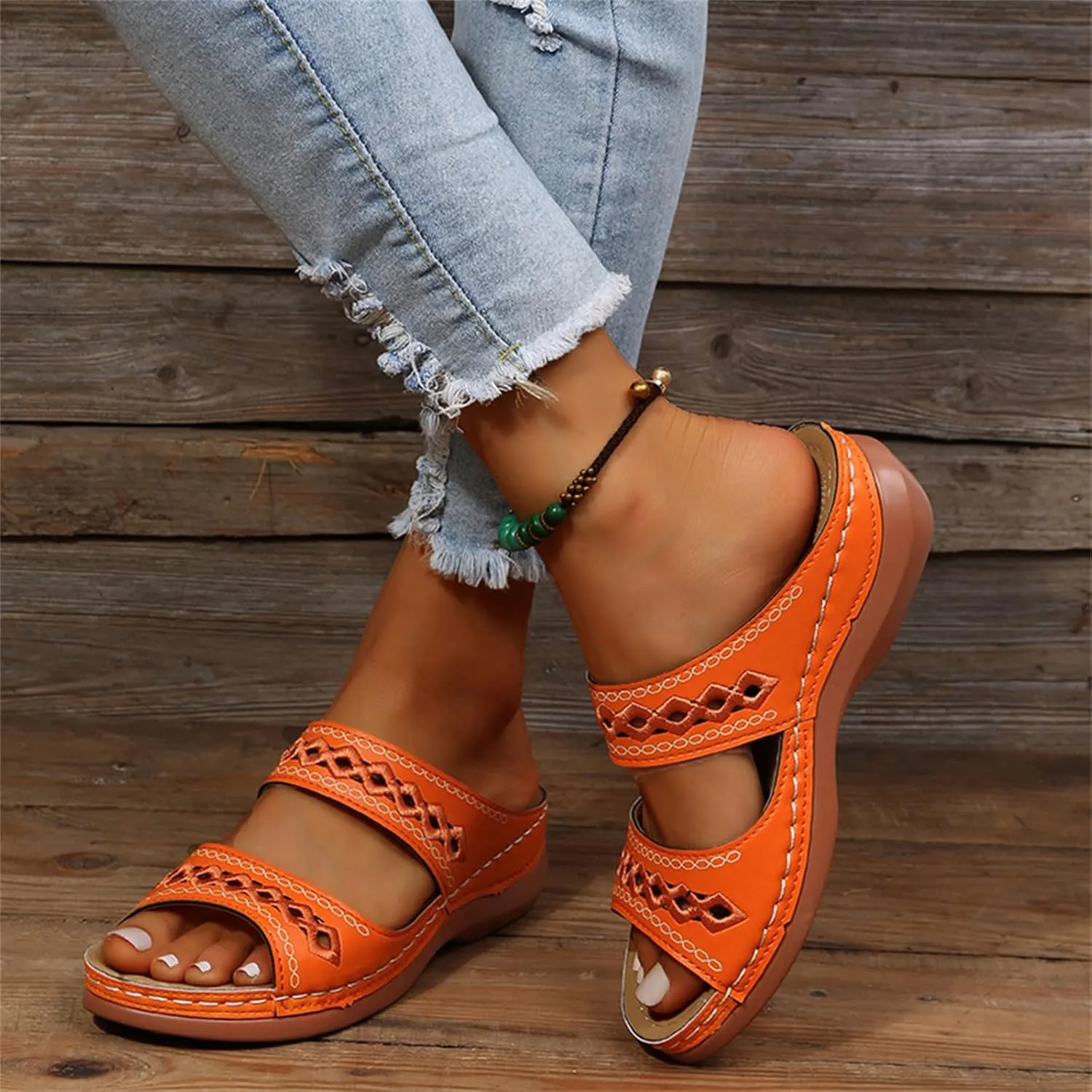 Lausiuoe Orthopedic Sandals For Women Plantar Fasciitis Arch Heel Support Orthotic Flip Flops Low Wedge Comfortable Slides