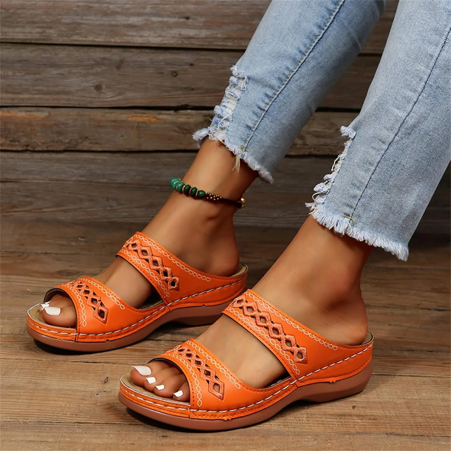 Lausiuoe Orthopedic Sandals For Women Plantar Fasciitis Arch Heel Support Orthotic Flip Flops Low Wedge Comfortable Slides