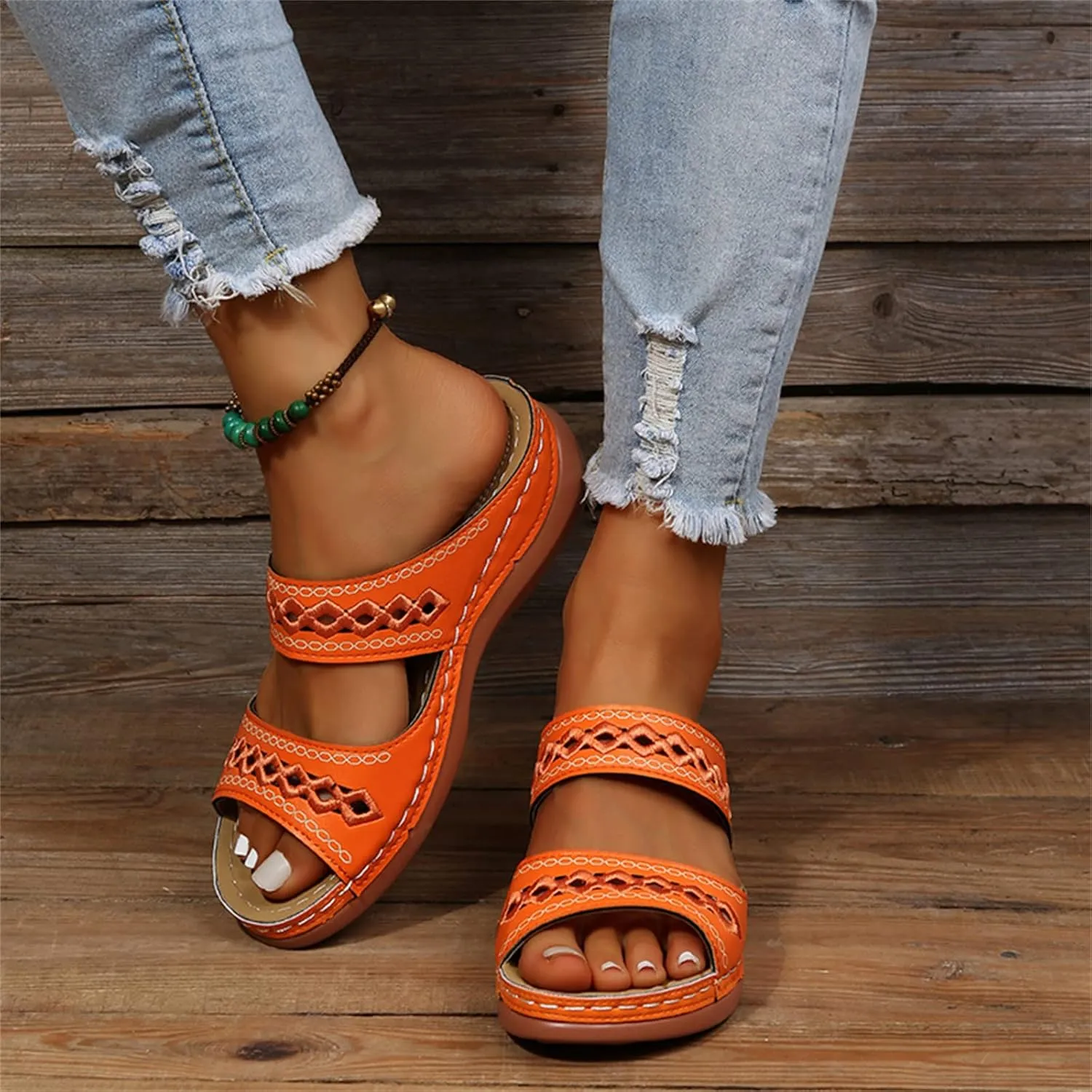 Lausiuoe Orthopedic Sandals For Women Plantar Fasciitis Arch Heel Support Orthotic Flip Flops Low Wedge Comfortable Slides