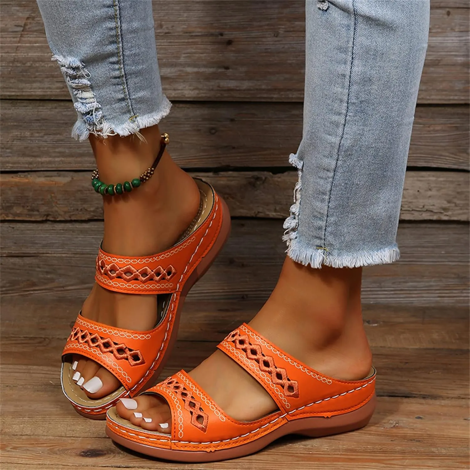 Lausiuoe Orthopedic Sandals For Women Plantar Fasciitis Arch Heel Support Orthotic Flip Flops Low Wedge Comfortable Slides