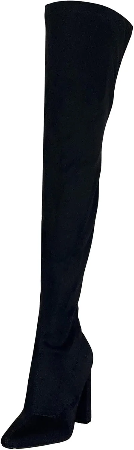 Liliana Women's Thigh High Boots Stretchy Over The Knee Chunky Block Heel Boots