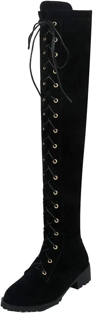 MAVMAX Women's Flat Lace up Thigh High Combat Low Heel Over The Knee Boots