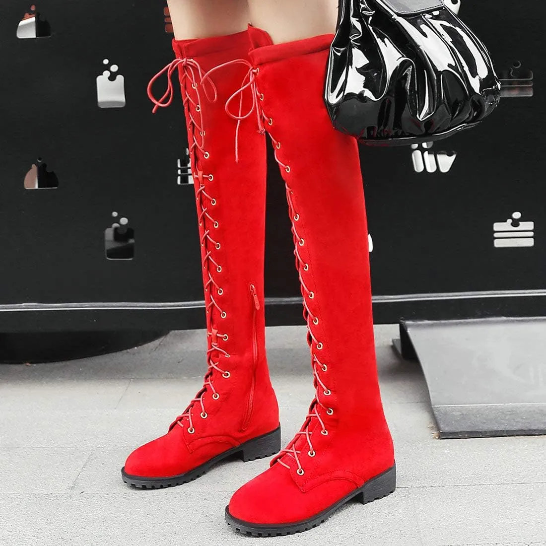 MAVMAX Women's Flat Lace up Thigh High Combat Low Heel Over The Knee Boots