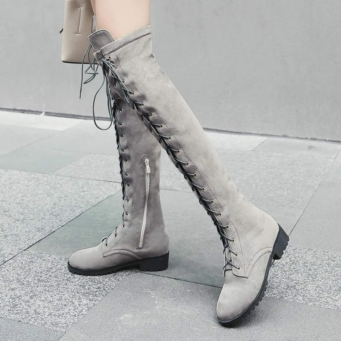 MAVMAX Women's Flat Lace up Thigh High Combat Low Heel Over The Knee Boots