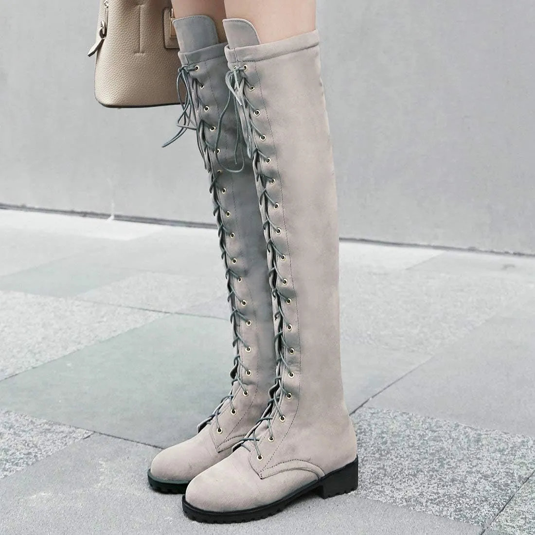 MAVMAX Women's Flat Lace up Thigh High Combat Low Heel Over The Knee Boots