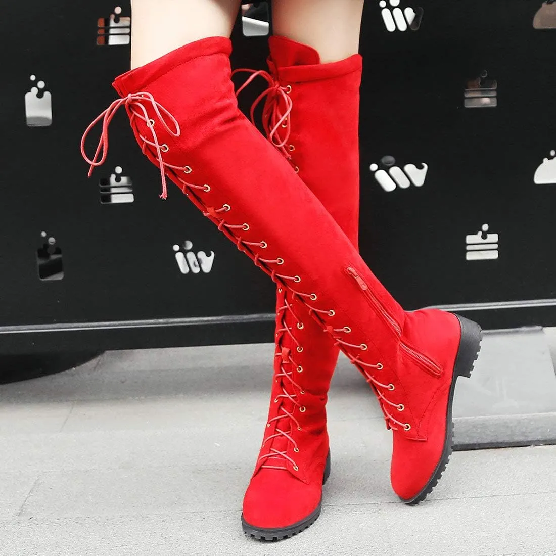 MAVMAX Women's Flat Lace up Thigh High Combat Low Heel Over The Knee Boots