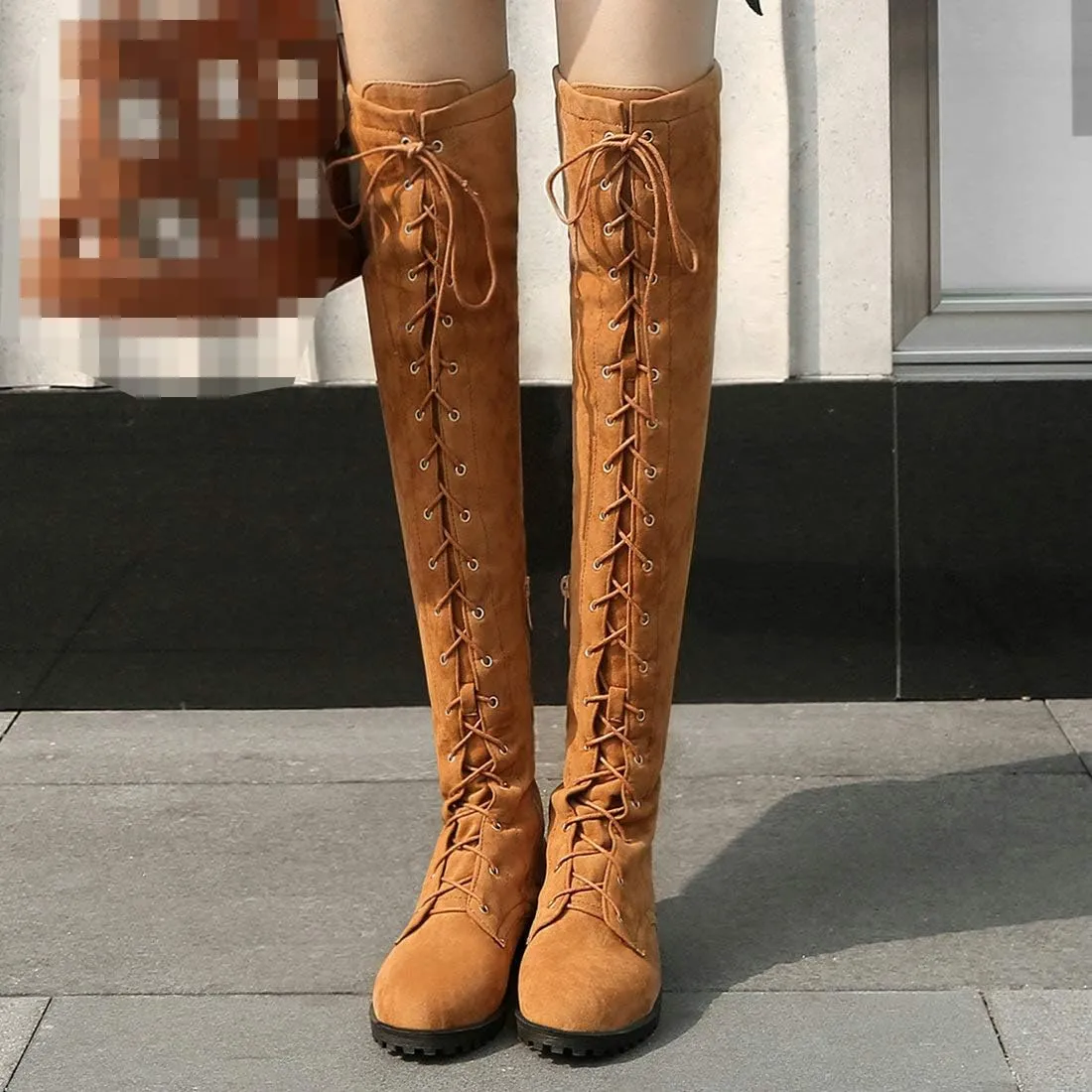 MAVMAX Women's Flat Lace up Thigh High Combat Low Heel Over The Knee Boots