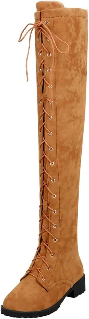 MAVMAX Women's Flat Lace up Thigh High Combat Low Heel Over The Knee Boots