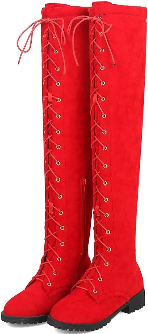 MAVMAX Women's Flat Lace up Thigh High Combat Low Heel Over The Knee Boots