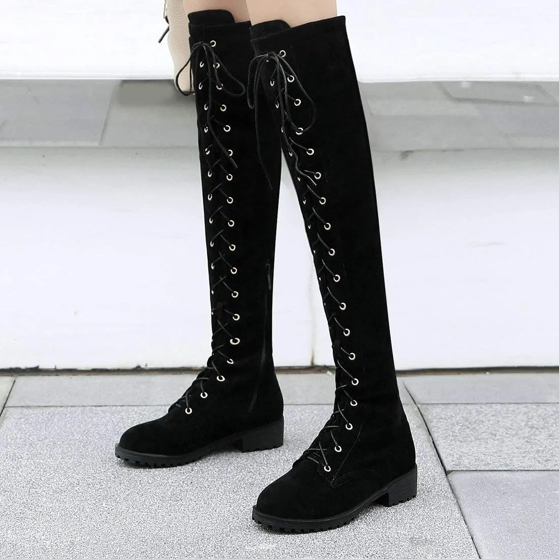 MAVMAX Women's Flat Lace up Thigh High Combat Low Heel Over The Knee Boots
