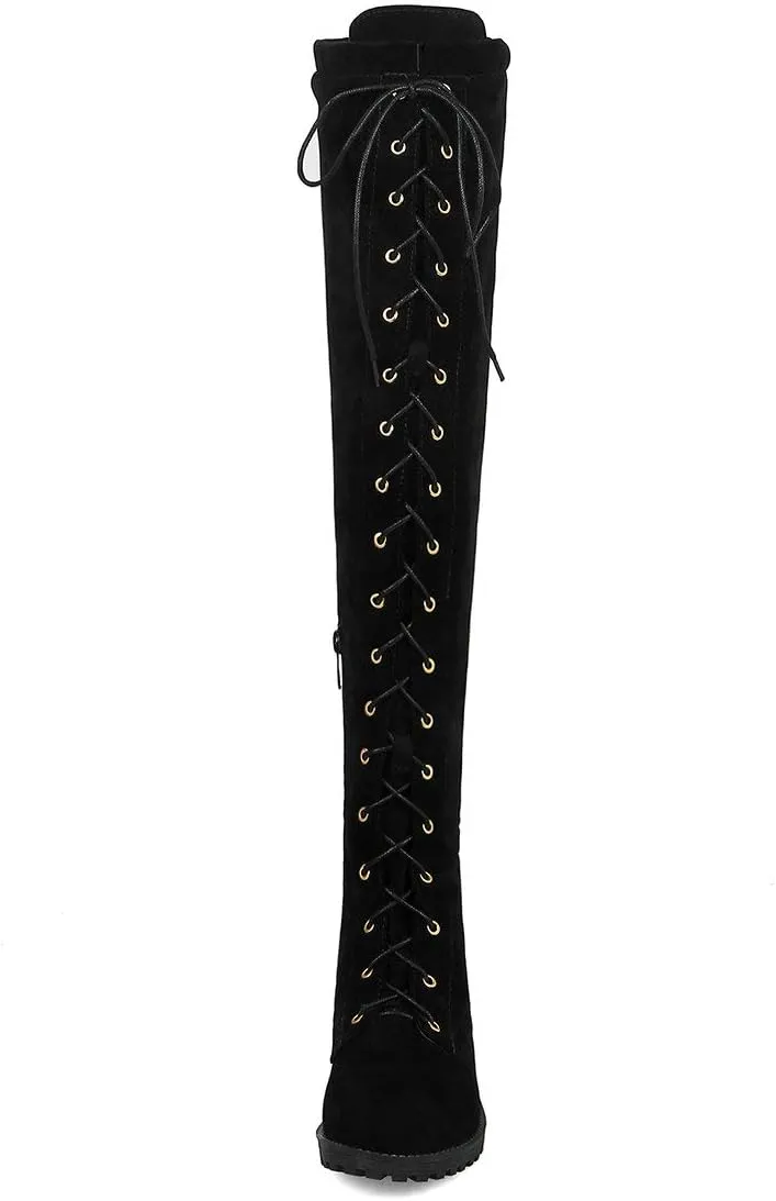 MAVMAX Women's Flat Lace up Thigh High Combat Low Heel Over The Knee Boots