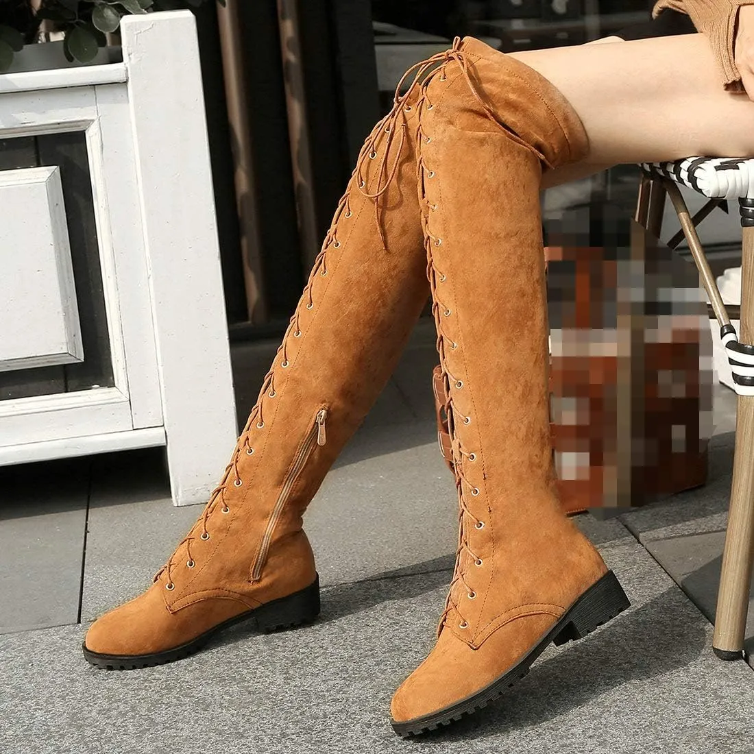 MAVMAX Women's Flat Lace up Thigh High Combat Low Heel Over The Knee Boots