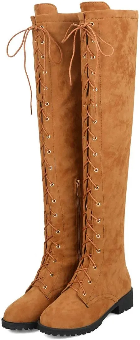 MAVMAX Women's Flat Lace up Thigh High Combat Low Heel Over The Knee Boots