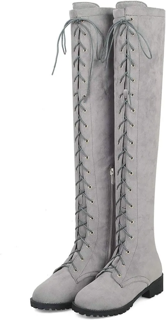MAVMAX Women's Flat Lace up Thigh High Combat Low Heel Over The Knee Boots