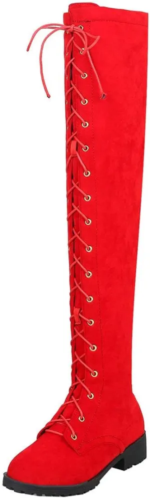 MAVMAX Women's Flat Lace up Thigh High Combat Low Heel Over The Knee Boots