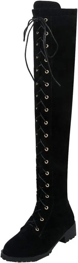 MAVMAX Women's Flat Lace up Thigh High Combat Low Heel Over The Knee Boots