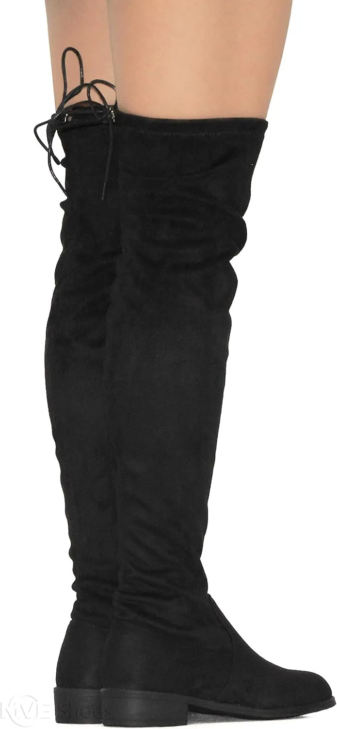 MVE Shoes Women's Fashion Comfy Vegan Suede Block Heel Side Zipper Thigh High Over The Knee Boots