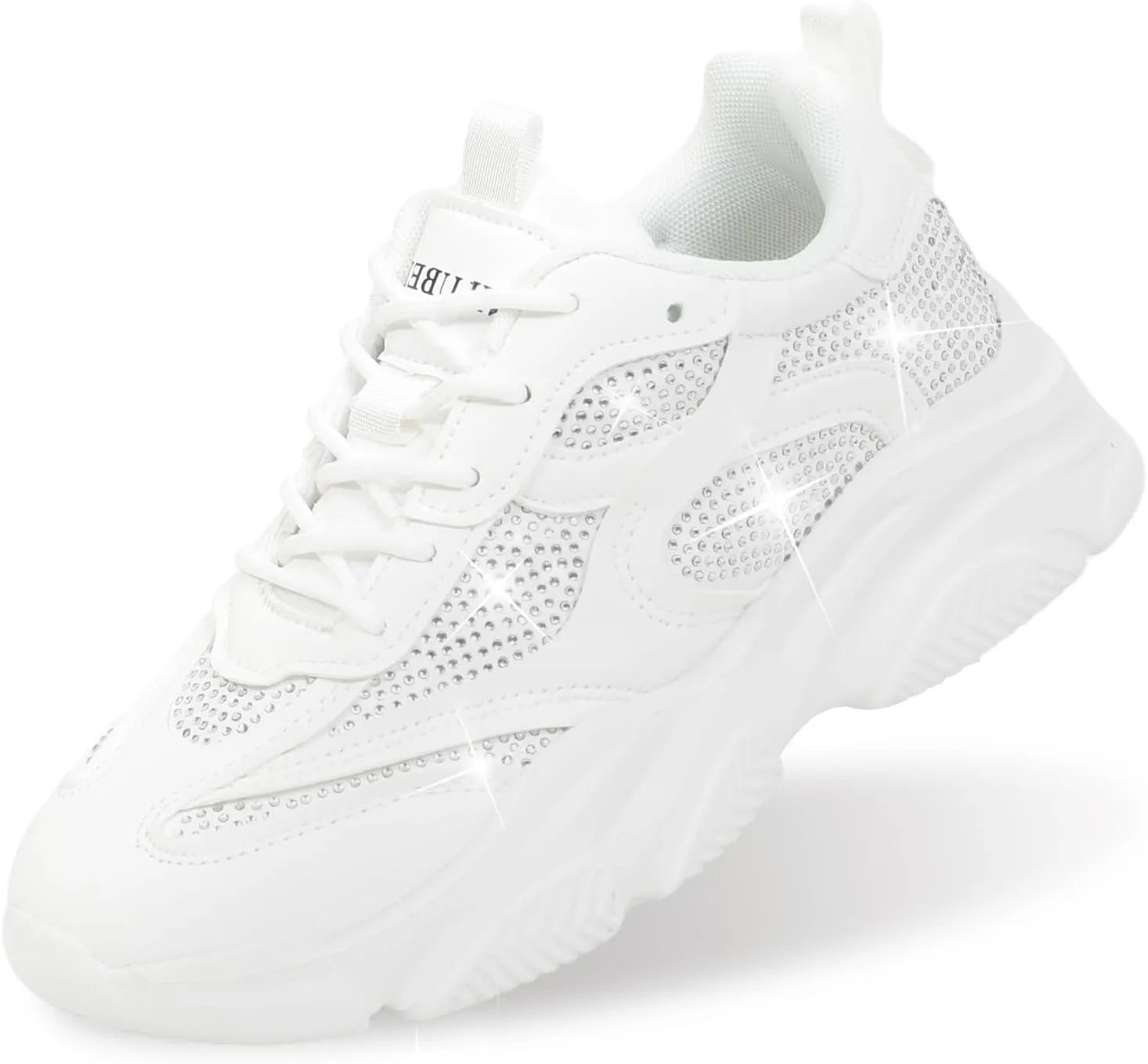 Niluber Women's Chunky Platform Sneakers-Slip On Breathable Running Shoes-Lightweight Glitter Rhinestone White Black Walking Shoes