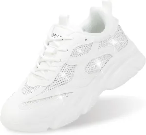 Niluber Women's Chunky Platform Sneakers-Slip On Breathable Running Shoes-Lightweight Glitter Rhinestone White Black Walking Shoes