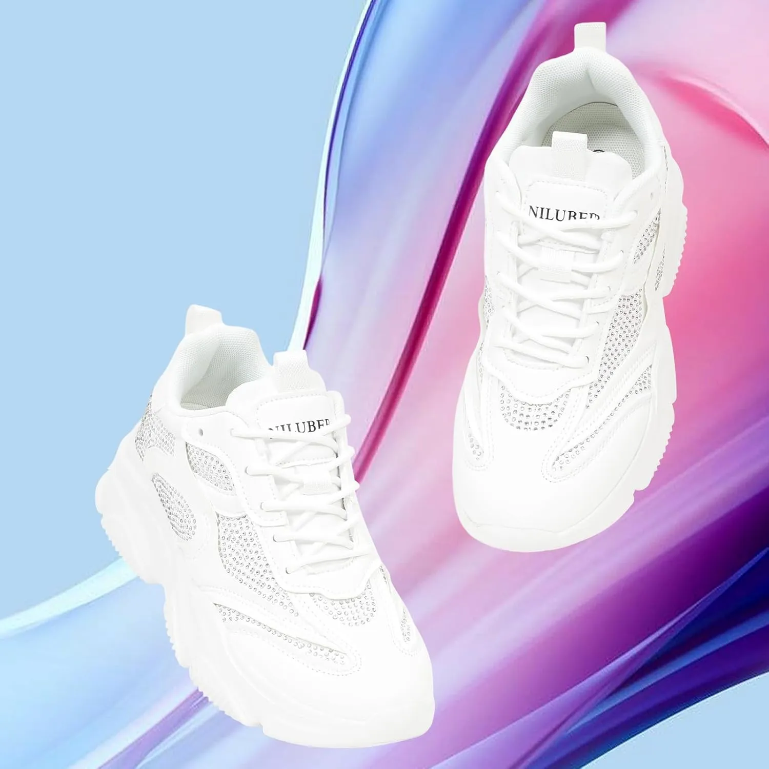 Niluber Women's Chunky Platform Sneakers-Slip On Breathable Running Shoes-Lightweight Glitter Rhinestone White Black Walking Shoes