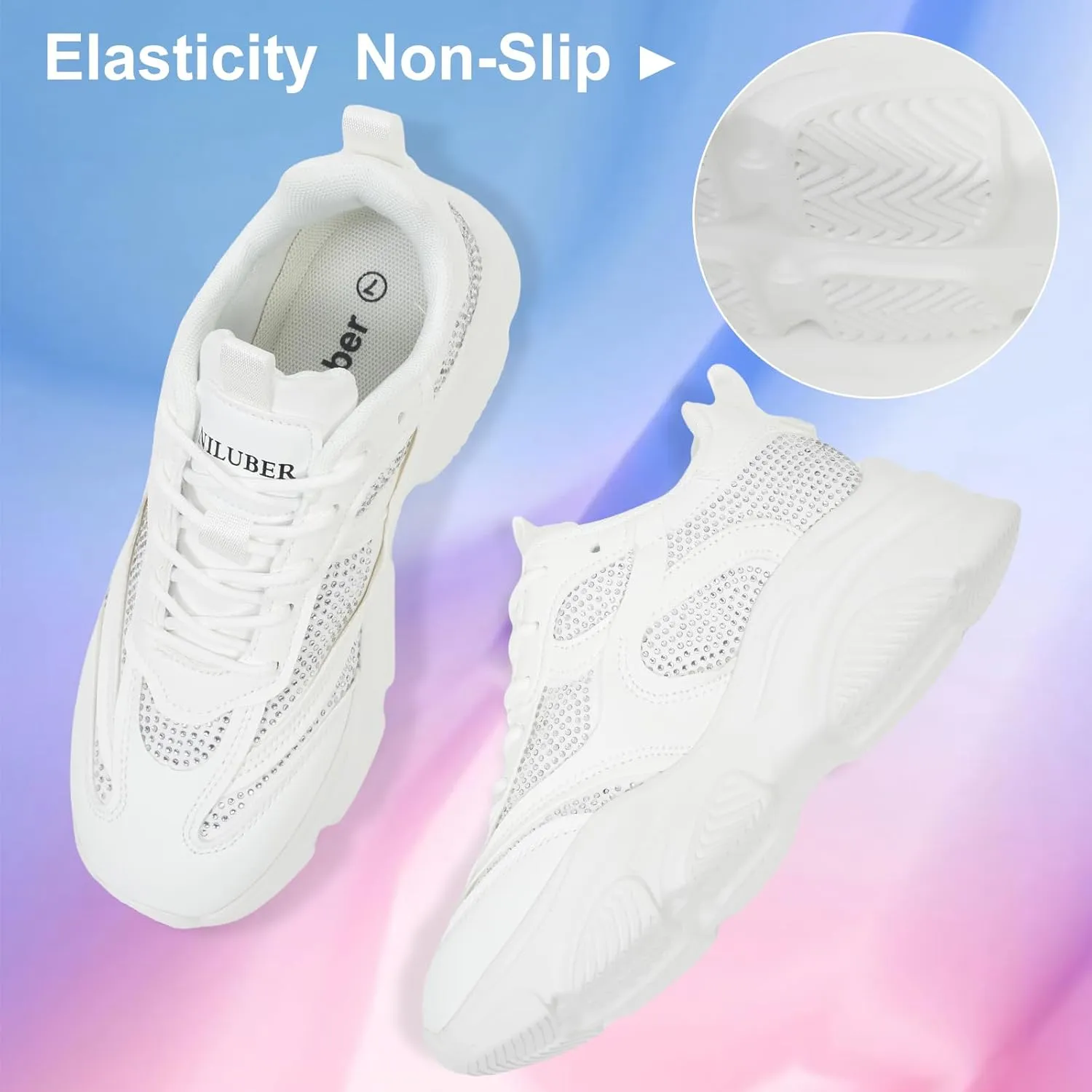 Niluber Women's Chunky Platform Sneakers-Slip On Breathable Running Shoes-Lightweight Glitter Rhinestone White Black Walking Shoes